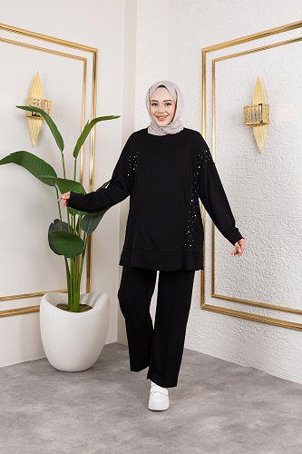 Modaebva - İnci Ve Taş Detaylı Oyşo İkili Takım-5060 Siyah