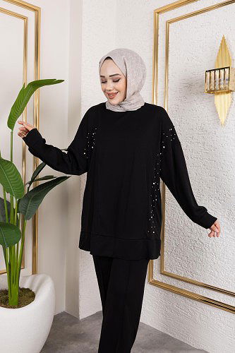 Modaebva - İnci Ve Taş Detaylı Oyşo İkili Takım-5060 Siyah (1)