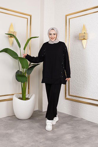 İnci Ve Taş Detaylı Oyşo İkili Takım-5060 Siyah - Thumbnail