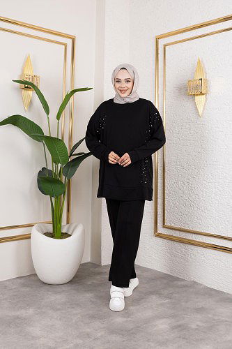 İnci Ve Taş Detaylı Oyşo İkili Takım-5060 Siyah - Thumbnail