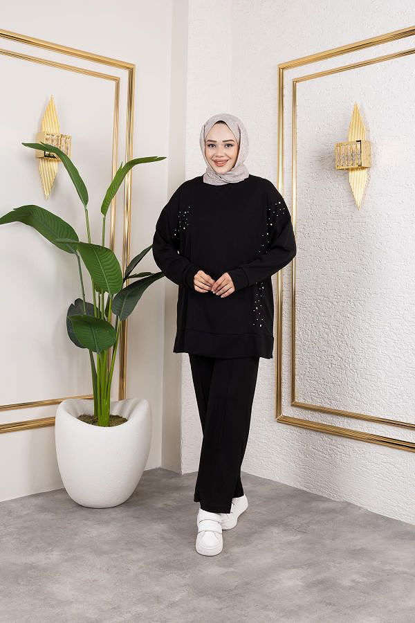 İnci Ve Taş Detaylı Oyşo İkili Takım-5060 Siyah