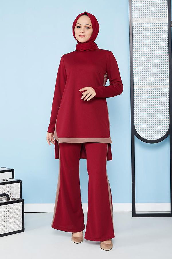 İspanyol Paça İkili Tesettür Kombin-5021 Bordo
