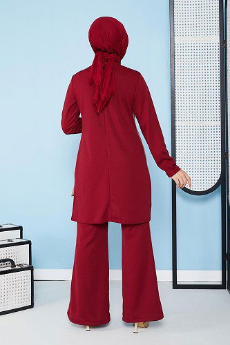 İspanyol Paça İkili Tesettür Kombin-5021 Bordo - Thumbnail