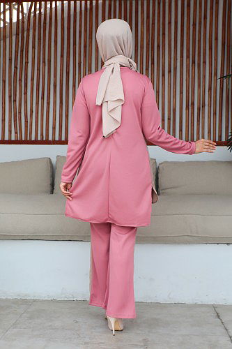 İspanyol Paça İkili Tesettür Kombin-5021 Pudra - Thumbnail