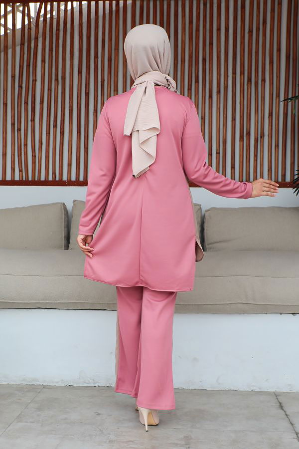 İspanyol Paça İkili Tesettür Kombin-5021 Pudra