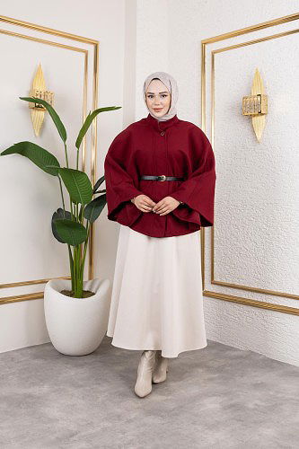 İthal Kaşe Panço-6061 Bordo - Thumbnail