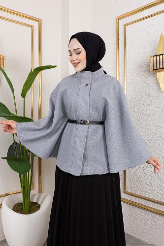 Modaebva - İthal Kaşe Panço-6061 Gri (1)