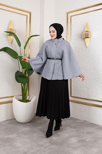 Modaebva - İthal Kaşe Panço-6061 Gri
