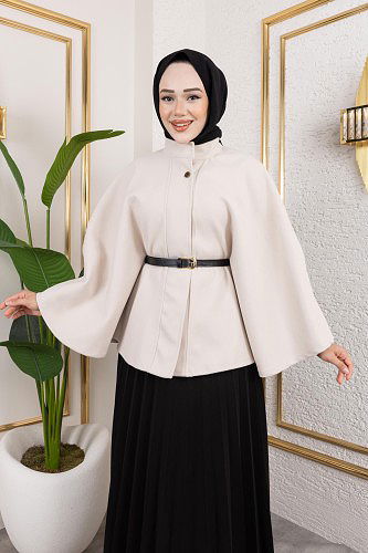 İthal Kaşe Panço-6061 Krem - Thumbnail