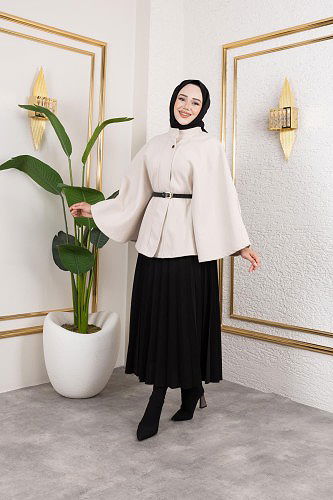 İthal Kaşe Panço-6061 Krem - Thumbnail