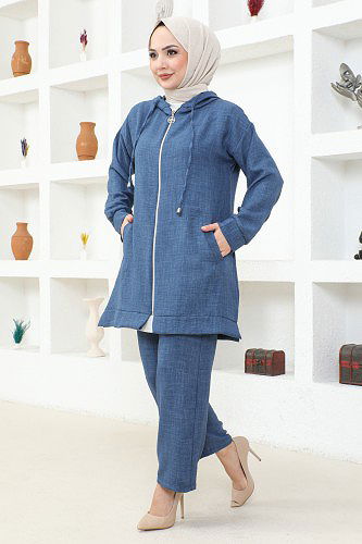 Kapşonlu Fermuarlı İkili Tesettür Takım-3933 İndigo - Thumbnail