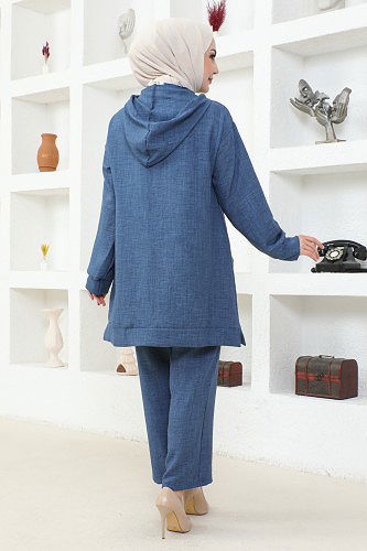 Kapşonlu Fermuarlı İkili Tesettür Takım-3933 İndigo - Thumbnail