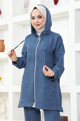 Kapşonlu Fermuarlı İkili Tesettür Takım-3933 İndigo - Thumbnail