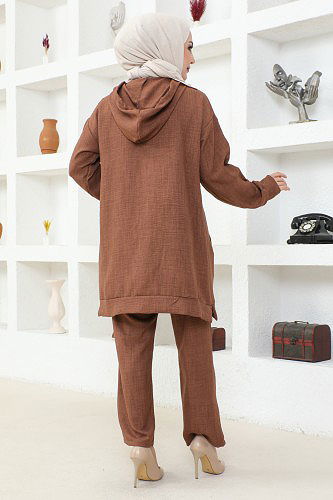 Kapşonlu Fermuarlı İkili Tesettür Takım-3933 Kahve - Thumbnail