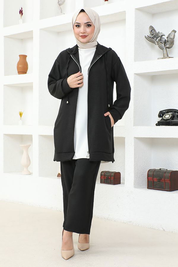 Kapşonlu Fermuarlı İkili Tesettür Takım-3933 Siyah