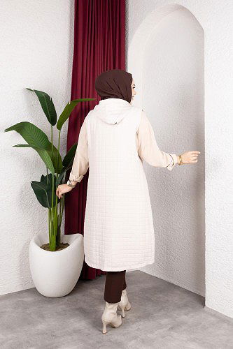 Kapşonlu Kapitone Yelek-5080 Bej - Thumbnail