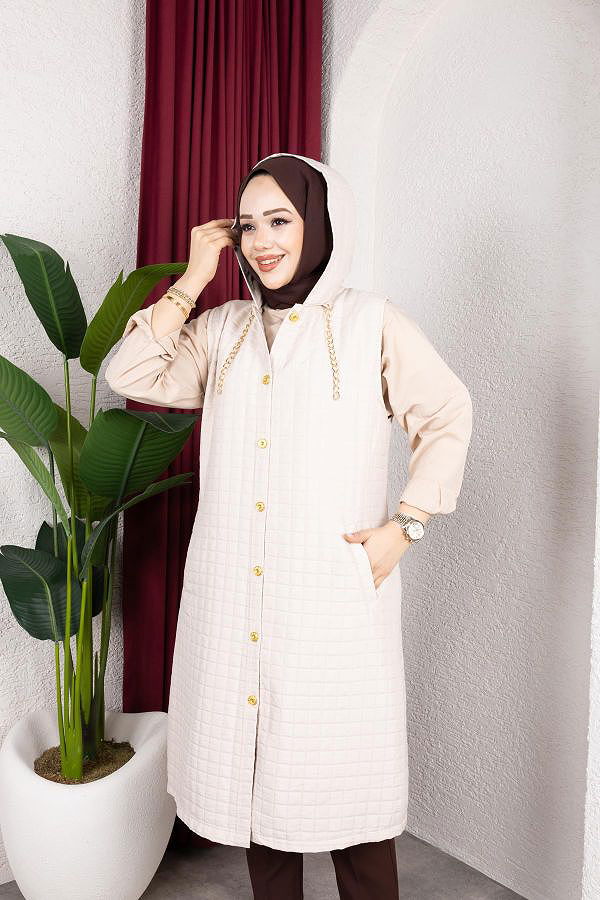 Kapşonlu Kapitone Yelek-5080 Bej