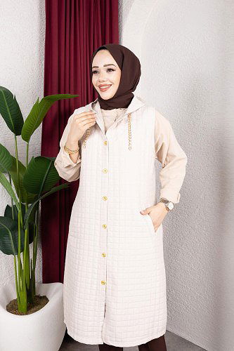 Kapşonlu Kapitone Yelek-5080 Bej - Thumbnail