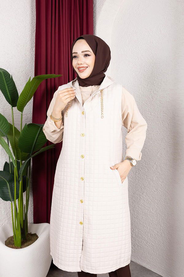 Kapşonlu Kapitone Yelek-5080 Bej