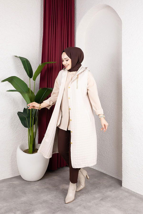 Kapşonlu Kapitone Yelek-5080 Bej