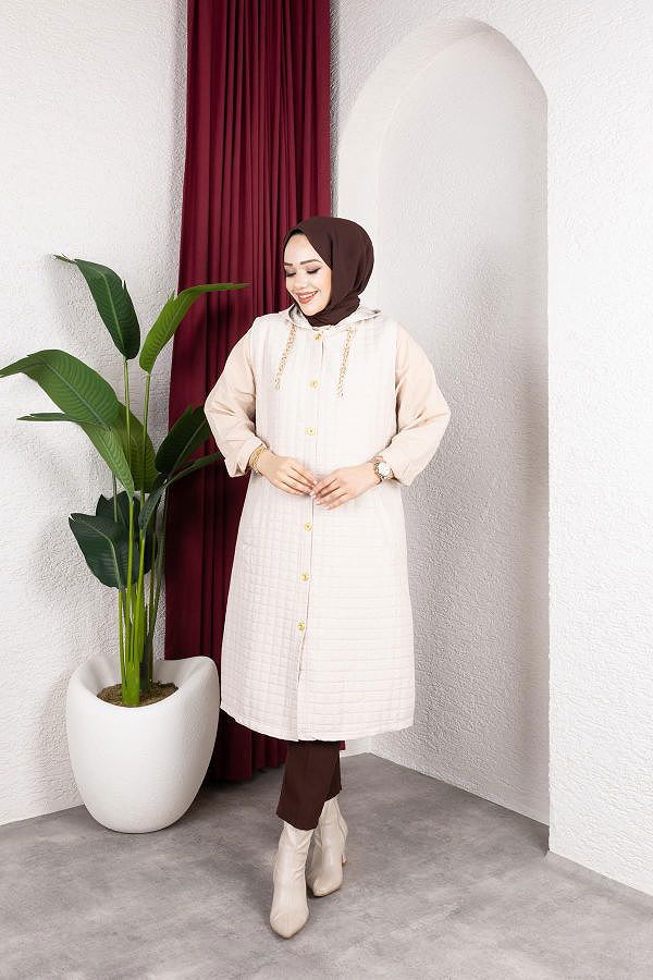 Kapşonlu Kapitone Yelek-5080 Bej