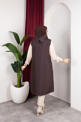 Kapşonlu Kapitone Yelek-5080 Kahverengi - Thumbnail