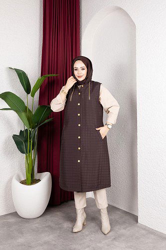 Kapşonlu Kapitone Yelek-5080 Kahverengi - Thumbnail