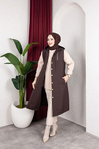 Modaebva - Kapşonlu Kapitone Yelek-5080 Kahverengi (1)