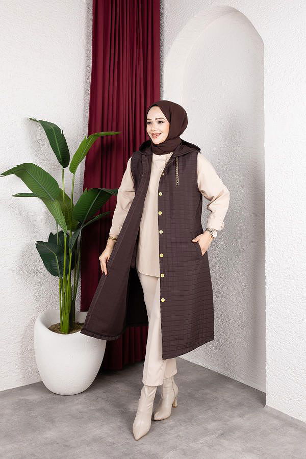 Kapşonlu Kapitone Yelek-5080 Kahverengi