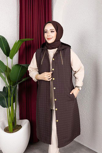 Kapşonlu Kapitone Yelek-5080 Kahverengi - Thumbnail