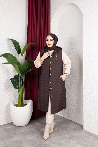 Kapşonlu Kapitone Yelek-5080 Kahverengi - Thumbnail