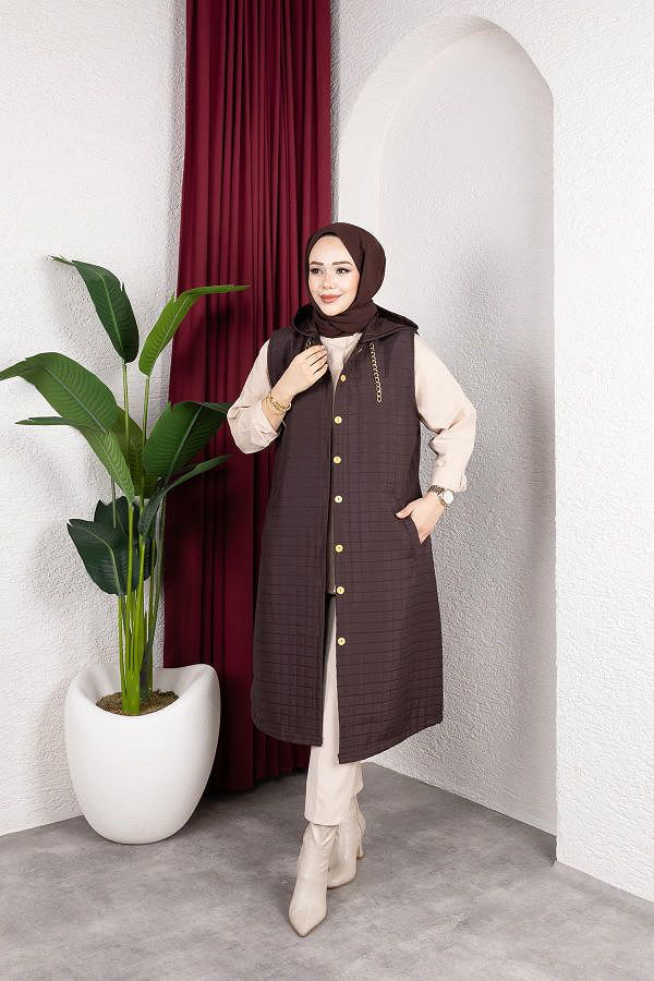 Kapşonlu Kapitone Yelek-5080 Kahverengi