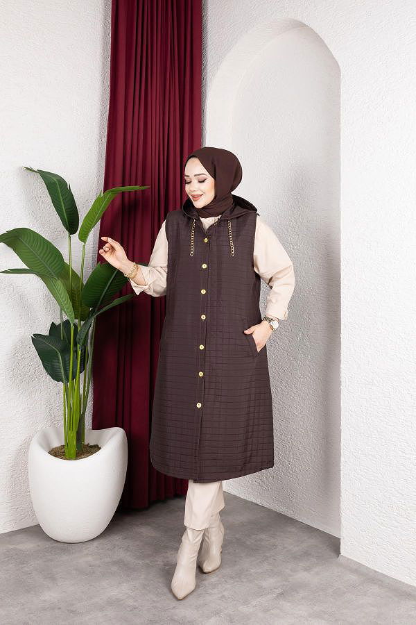 Kapşonlu Kapitone Yelek-5080 Kahverengi