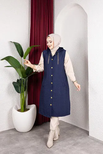 Kapşonlu Kapitone Yelek-5080 Lacivert - Thumbnail