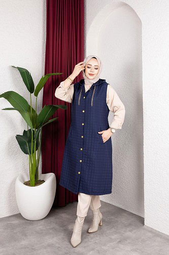 Modaebva - Kapşonlu Kapitone Yelek-5080 Lacivert