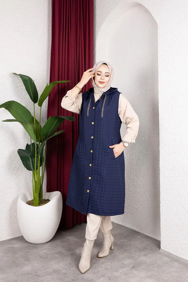 Kapşonlu Kapitone Yelek-5080 Lacivert