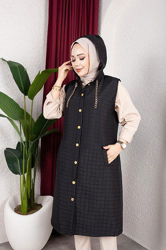 Kapşonlu Kapitone Yelek-5080 Siyah - Thumbnail