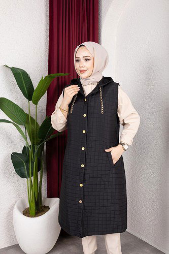 Kapşonlu Kapitone Yelek-5080 Siyah - Thumbnail