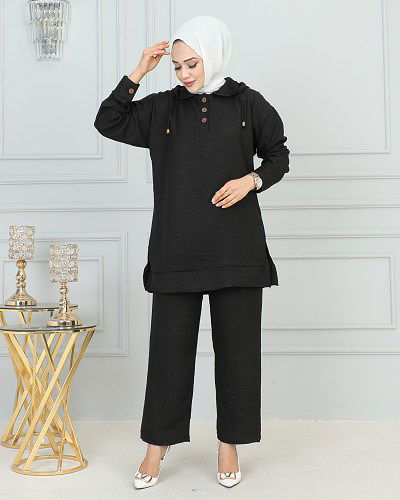 Kapşonlu Keten İkili Tesettür Takım-3170 Siyah - Thumbnail