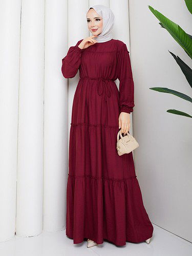 Kat Kat Çilek Kloş Elbise-5160 Bordo - Thumbnail