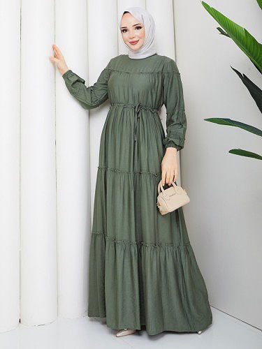 Kat Kat Çilek Kloş Elbise-5160 Haki yeşili - Thumbnail