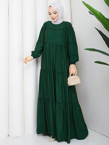 Kat Kat Çilek Kloş Elbise-5160 Zümrütyeşili - Thumbnail