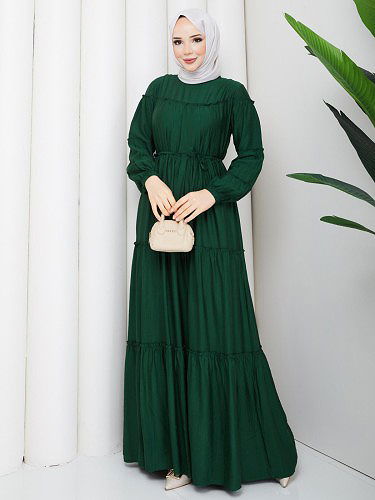 Kat Kat Çilek Kloş Elbise-5160 Zümrütyeşili - Thumbnail