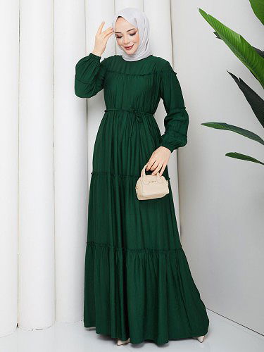 Kat Kat Çilek Kloş Elbise-5160 Zümrütyeşili - Thumbnail