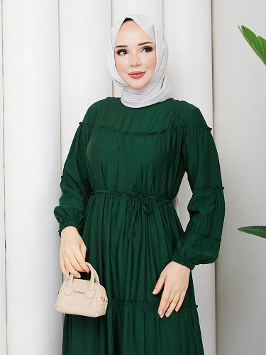 Kat Kat Çilek Kloş Elbise-5160 Zümrütyeşili - Thumbnail