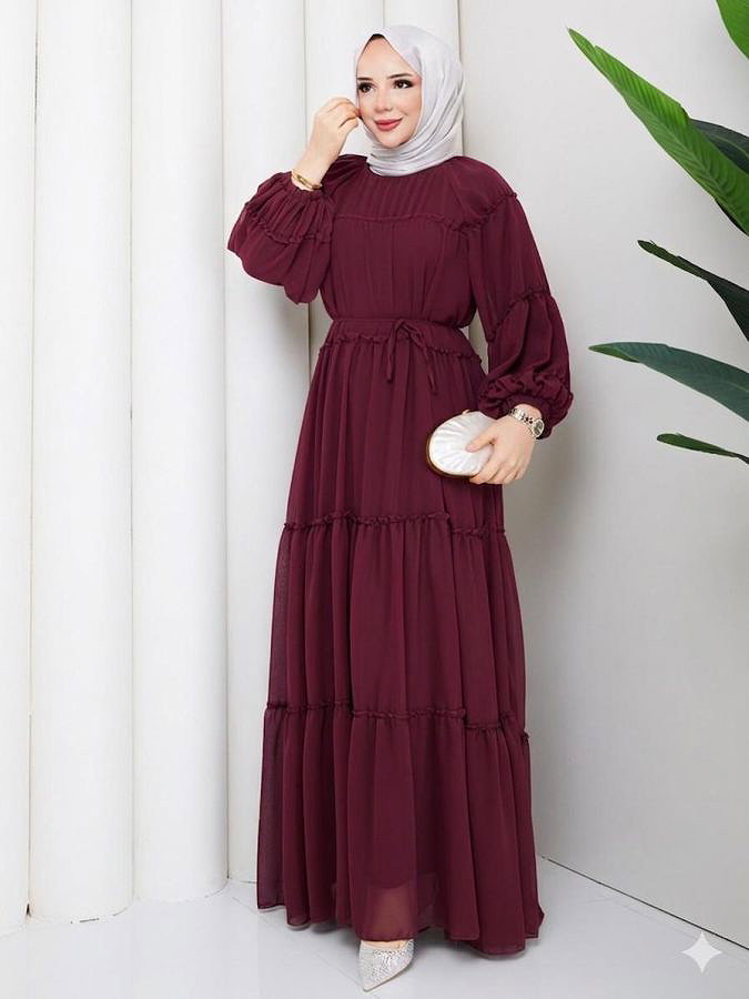 Kat Kat Şifon Tesettür Elbise-5105 Bordo