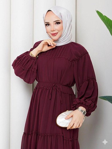 Kat Kat Şifon Tesettür Elbise-5105 Bordo - Thumbnail