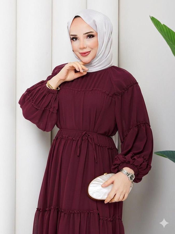 Kat Kat Şifon Tesettür Elbise-5105 Bordo