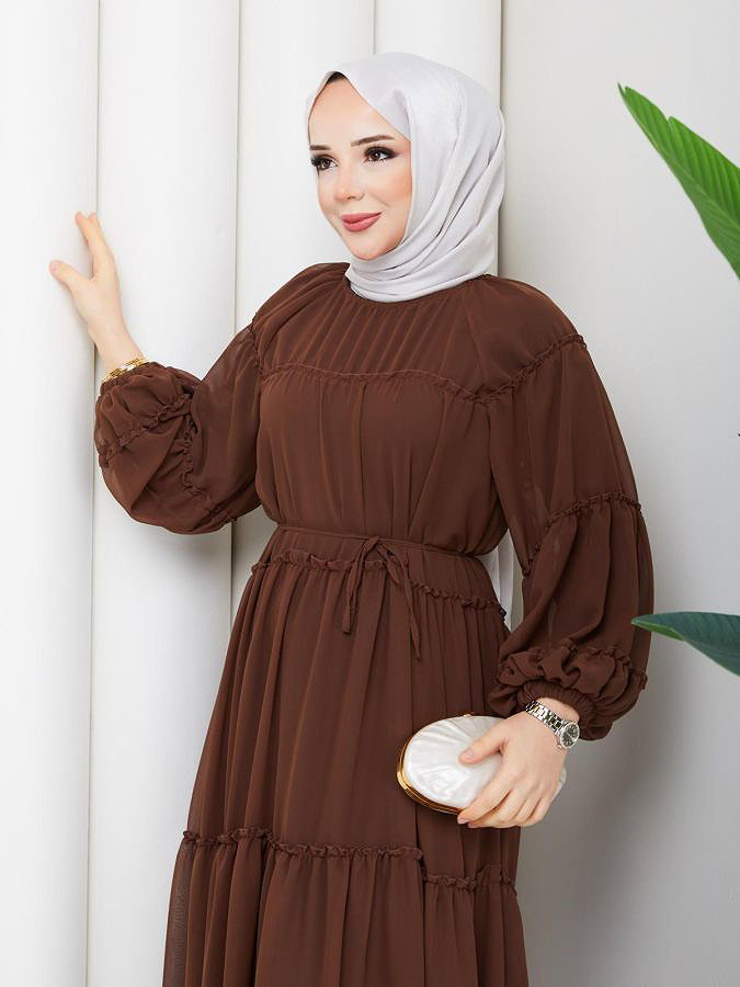 Kat Kat Şifon Tesettür Elbise-5105 Kahve rengi