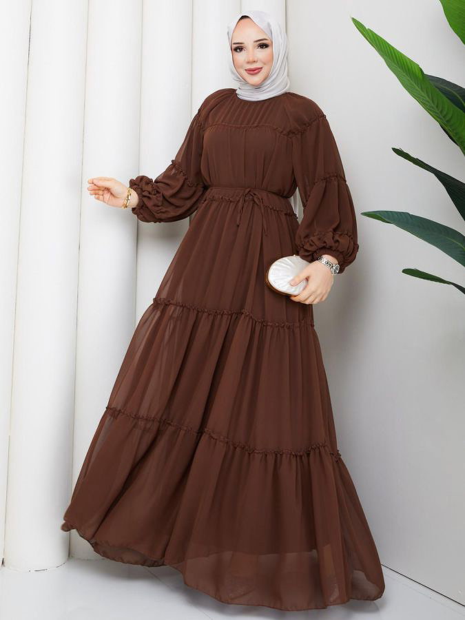 Kat Kat Şifon Tesettür Elbise-5105 Kahve rengi